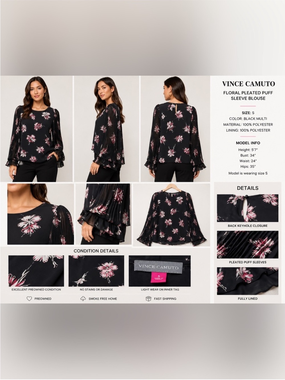 Vince Camuto Black Floral Pleated Sleeve Blouse | Size Small